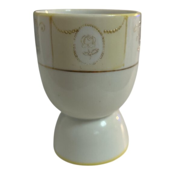 Antique Hand Painted Nippon Porcelain Egg Cup – Gold Beaded Scroll & Floral Desi - Picture 1 of 5